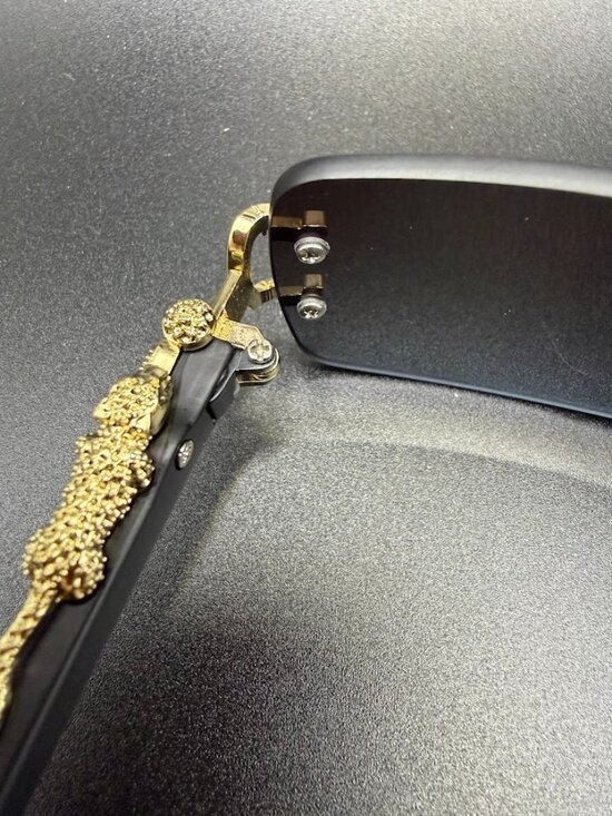 Luxury Rimless Black Shield Sunglasses Gold Panther Detail Y2K main image 6